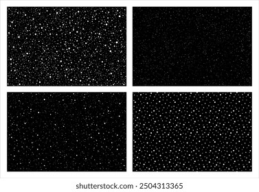 Falling snow, stars background set. Сosmic, cosmos, night sky, galaxy with tiny dots starry pattern. Rectangle shape. Hand drawn dot snowflakes, specks, splash, spray winter textures collection. 