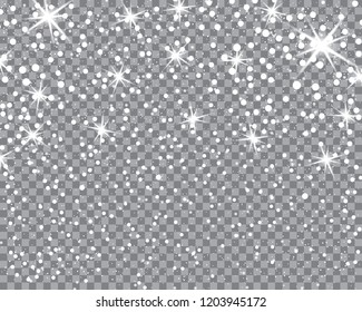 Falling snow with stars on a transparent background. Vector illustration. Winter snowing sky. Eps 10.