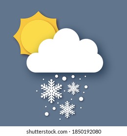 Falling Snow. Sun and cloud. Paper cut Weather. White snowflakes. Winter time.