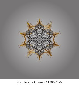 Falling snow. Texture with snowflakes with doodles, golden elements and dots on a gray background. Starry Sky.