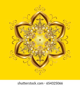Falling snow. Texture with stylized golden snowflakes and dots on a yellow background. Starry Sky.