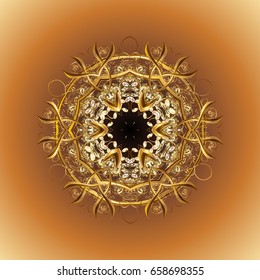 Falling snow. Texture with stylized golden snowflakes and dots on a colorfil background. Starry Sky.