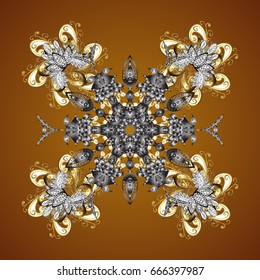 Falling snow. Texture with stylized golden snowflakes and dots on a brown background. Starry Sky.