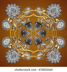 Falling snow. Texture with stylized golden snowflakes and dots on a brown background. Starry Sky.