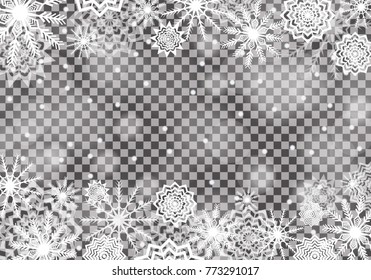 Falling snow transparent background.  Snowflakes abstract. Winter thunder. Vector illustration