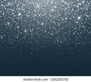 Falling snow twinkle on transparent background. Realistic winter background. Shiny snowflakes and glitter particles fly in the sky. 