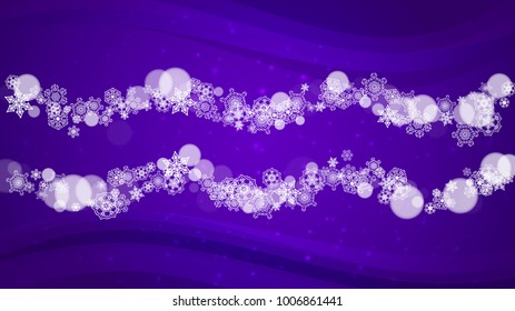 Falling snow with ultra violet snowflakes. New Year backdrop. Winter frame for flyer, gift card, party invite, retail offer and ad. Christmas trendy background. Holiday snowy banner with falling snow