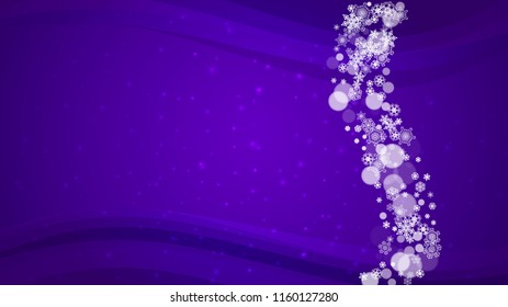 Falling snow with ultra violet snowflakes. New Year backdrop. Winter frame for gift coupons, vouchers, ads, party events. Christmas trendy background. Holiday snowy banner with falling snow