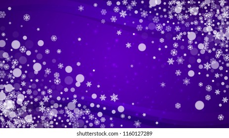 Falling snow with ultra violet snowflakes. New Year backdrop. Winter border for flyer, gift card, invitation, business offer and ad. Christmas trendy background. Holiday snowy banner with falling snow