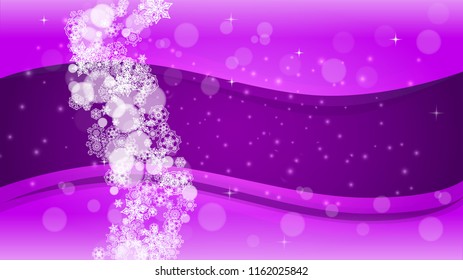 Falling snow with ultra violet snowflakes. New Year backdrop. Winter border for gift coupons, vouchers, ads, party events. Christmas trendy background. Holiday snowy banner with falling snow