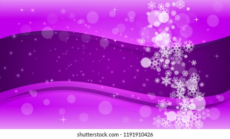Falling snow with ultra violet snowflakes. New Year backdrop. Winter border for flyer, gift card, invitation, business offer and ad. Christmas trendy background. Holiday snowy banner with falling snow