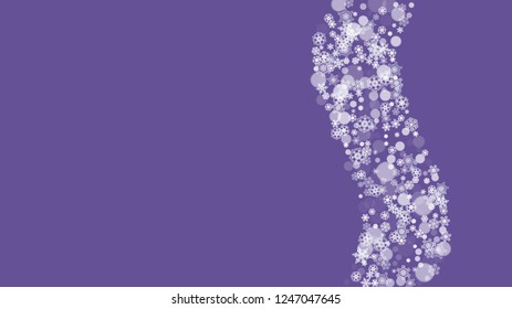 Falling snow with ultra violet snowflakes. New Year backdrop. Winter frame for flyer, gift card, invitation, business offer and ad. Christmas trendy background. Holiday snowy banner with falling snow