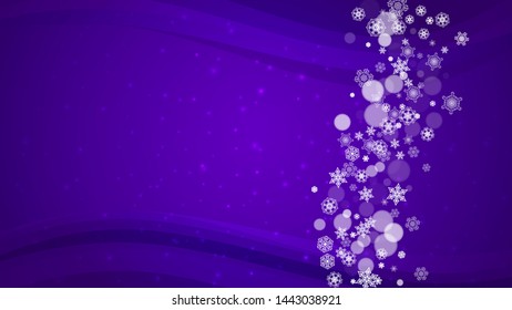 Falling snow with ultra violet snowflakes. New Year backdrop. Winter border for gift coupons, vouchers, ads, party events. Christmas trendy background. Holiday snowy banner with falling snow