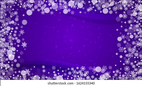 Falling snow with ultra violet snowflakes. New Year backdrop. Winter frame for gift coupons, vouchers, ads, party events. Christmas trendy background. Holiday snowy banner with falling snow