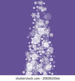 Falling snow with ultra violet snowflakes. New Year snowy backdrop. Winter frame for gift coupons, vouchers, ads, party events. Christmas trendy background. Holiday banner with falling snow