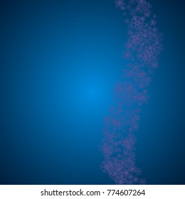 Falling snow with ultra violet snowflakes. Winter border for flyer, gift card, party invite, retail offer and ad. Christmas trendy background. Xmas banner with falling snow. New Year frosty backdrop