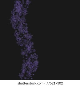Falling snow with ultra violet snowflakes. Winter frame for gift coupons, vouchers, ads, party events. Christmas trendy background. Xmas banner with falling snow. New Year frosty backdrop