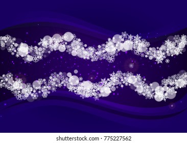 Falling snow with ultra violet snowflakes. New Year snowy backdrop. Winter border for flyer, gift card, party invite, retail offer and ad. Christmas trendy background. Holiday banner with falling snow