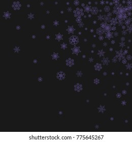 Falling snow with ultra violet snowflakes. Winter border for flyer, gift card, invitation, business offer and ad. Christmas trendy background. Xmas banner with falling snow. New Year frosty backdrop