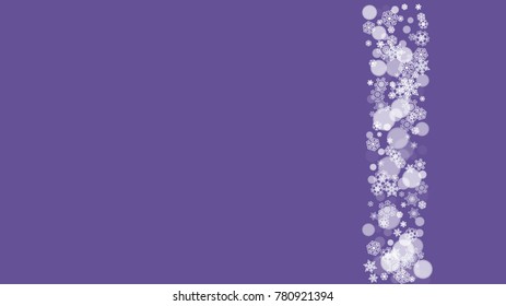 Falling snow with ultra violet snowflakes. New Year backdrop. Winter border for flyer, gift card, party invite, retail offer and ad. Christmas trendy background. Holiday snowy banner with falling snow