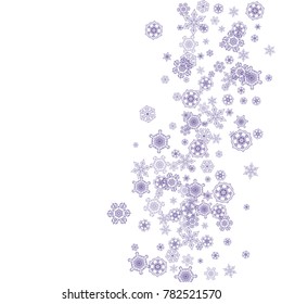 Falling snow with ultra violet snowflakes. Winter border for flyer, gift card, invitation, business offer and ad. Christmas trendy background. Xmas banner with falling snow. New Year snowy backdrop