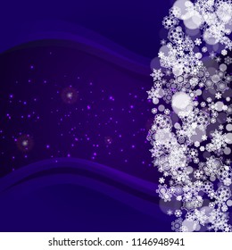 Falling snow with ultraviolet snowflakes. New Year frosty backdrop. Winter frame for flyer, gift card, invitation, business offer and ad. Christmas trendy background. Holiday banner with falling snow