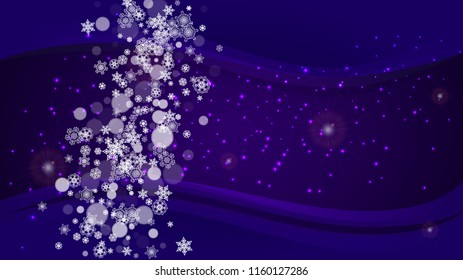 Falling snow with ultraviolet snowflakes. New Year backdrop. Winter frame for flyer, gift card, invitation, business offer and ad. Christmas trendy background. Holiday snowy banner with falling snow