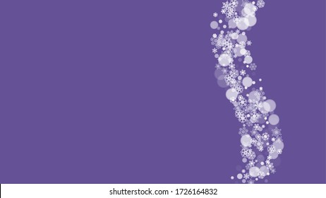 Falling snow with ultraviolet snowflakes. New Year backdrop. Winter frame for gift coupons, vouchers, ads, party events. Christmas trendy background. Holiday snowy banner with falling snow