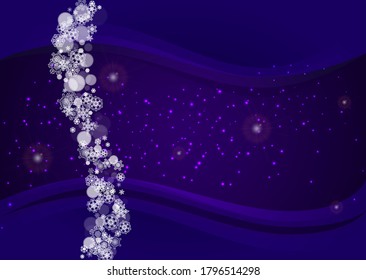 Falling snow with ultraviolet snowflakes. New Year snowy backdrop. Winter frame for flyer, gift card, invitation, business offer and ad. Christmas trendy background. Holiday banner with falling snow