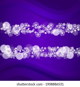 Falling snow with ultraviolet snowflakes. New Year frosty backdrop. Winter border for gift coupons, vouchers, ads, party events. Christmas trendy background. Holiday banner with falling snow