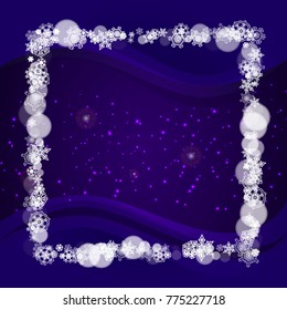 Falling snow with ultraviolet snowflakes. New Year snowy backdrop. Winter frame for flyer, gift card, invitation, business offer and ad. Christmas trendy background. Holiday banner with falling snow