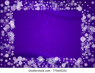 Falling snow with ultraviolet snowflakes. New Year snowy backdrop. Winter border for gift coupons, vouchers, ads, party events. Christmas trendy background. Holiday banner with falling snow