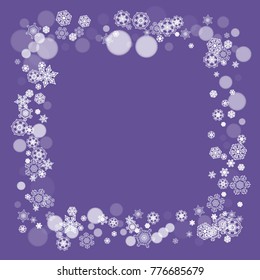Falling snow with ultraviolet snowflakes. New Year snowy backdrop. Winter border for gift coupons, vouchers, ads, party events. Christmas trendy background. Holiday banner with falling snow