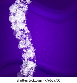 Falling snow with ultraviolet snowflakes. New Year frosty backdrop. Winter frame for flyer, gift card, invitation, business offer and ad. Christmas trendy background. Holiday banner with falling snow