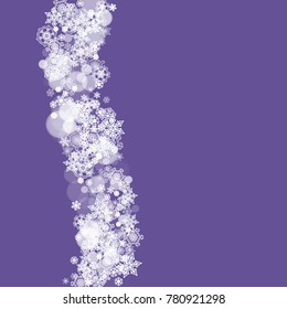 Falling snow with ultraviolet snowflakes. New Year snowy backdrop. Winter frame for flyer, gift card, party invite, retail offer and ad. Christmas trendy background. Holiday banner with falling snow
