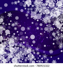 Falling snow with ultraviolet snowflakes. New Year snowy backdrop. Winter border for flyer, gift card, party invite, retail offer and ad. Christmas trendy background. Holiday banner with falling snow