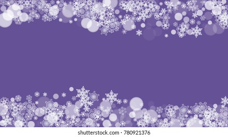 Falling snow with ultraviolet snowflakes. New Year backdrop. Winter border for flyer, gift card, invitation, business offer and ad. Christmas trendy background. Holiday snowy banner with falling snow