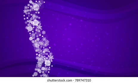 Falling snow with ultraviolet snowflakes. New Year backdrop. Winter border for flyer, gift card, party invite, retail offer and ad. Christmas trendy background. Holiday snowy banner with falling snow