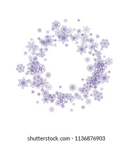 Falling snow with ultraviolet snowflakes. Winter frame for gift coupons, vouchers, ads, party events. Christmas trendy background. Xmas banner with falling snow. New Year frosty backdrop