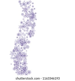Falling snow with ultraviolet snowflakes. Winter frame for flyer, gift card, party invite, retail offer and ad. Christmas trendy background. Xmas banner with falling snow. New Year frosty backdrop