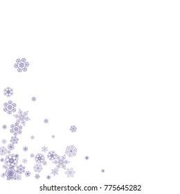 Falling snow with ultraviolet snowflakes. Winter border for flyer, gift card, party invite, retail offer and ad. Christmas trendy background. Xmas banner with falling snow. New Year snowy backdrop