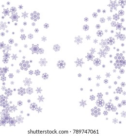 Falling snow with ultraviolet snowflakes. Winter border for flyer, gift card, invitation, business offer and ad. Christmas trendy background. Xmas banner with falling snow. New Year snowy backdrop