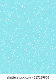 Falling snow vector background. White splashes on blue backdrop. Winter snowfall hand drawn spray texture. Tiny chaotic dots. Christmas, New Year template.