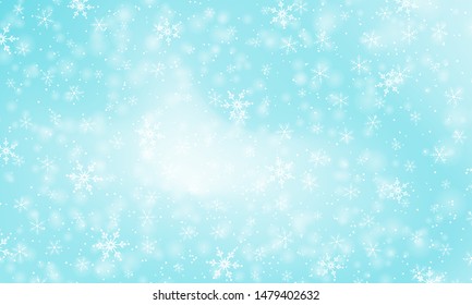 Falling snow. Vector illustration with snowflakes. Winter blue sky. Christmas texture. Sparkle snow background.