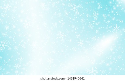 Falling snow. Vector illustration with snowflakes. Winter blue sky. Christmas texture. Sparkle snow background.