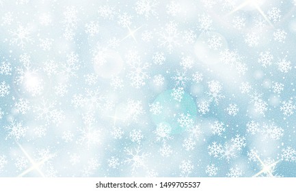 Falling snow. Vector illustration with snowflakes. Winter blue sky. Christmas texture. Sparkle snow background.