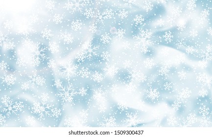Falling snow. Vector illustration with snowflakes. Winter blue sky. Christmas texture. Sparkle snow background.