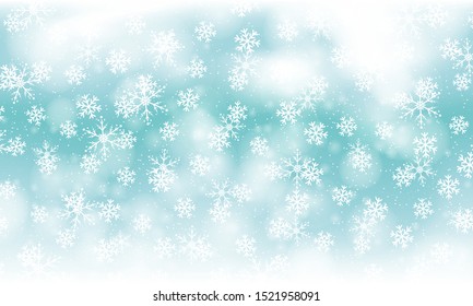 Falling snow. Vector illustration with snowflakes. Winter blue sky. Christmas texture. Sparkle snow background.