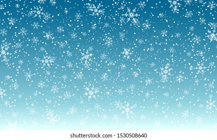 Falling snow. Vector illustration with snowflakes. Winter blue sky. Christmas texture. Sparkle snow background.