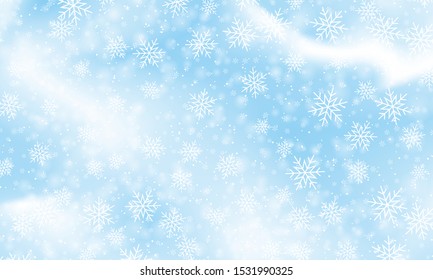 Falling snow. Vector illustration with snowflakes. Winter blue sky. Christmas texture. Sparkle snow background.